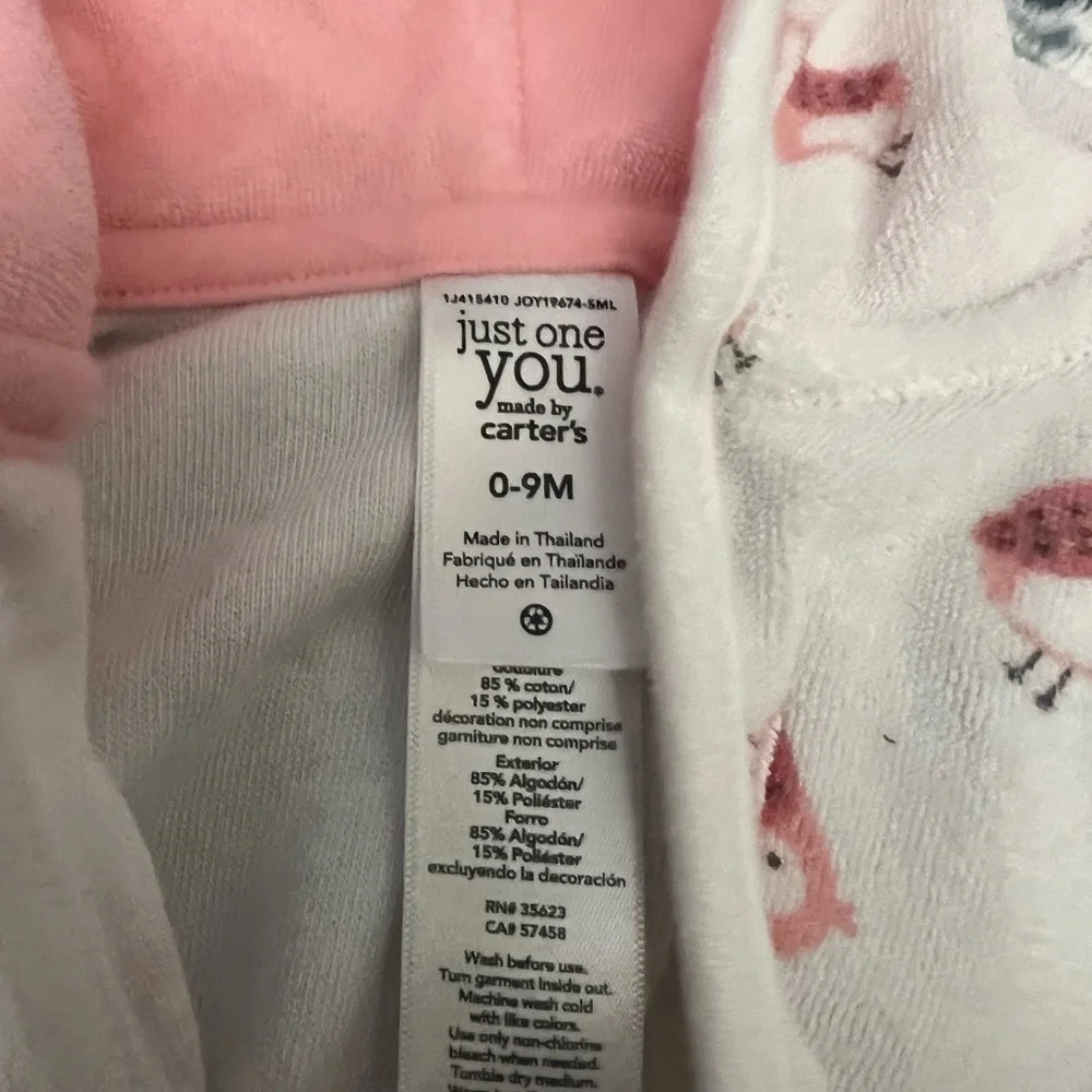 Just One You Carters Pink and White Owls Baby Girl Hooded Bathrobe Sz 0-9